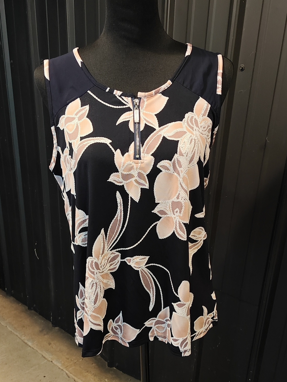 SJS Navy Tank Top with Blush Floral Print and Front Zip